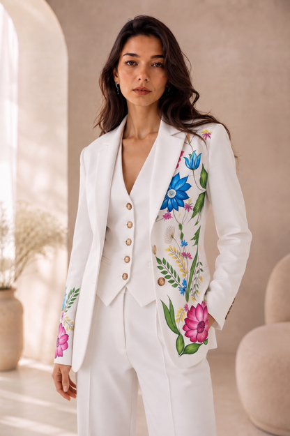 Hand Painted Floral White Suit | Custom Blazer Pants Set, Wedding Reception Outfit