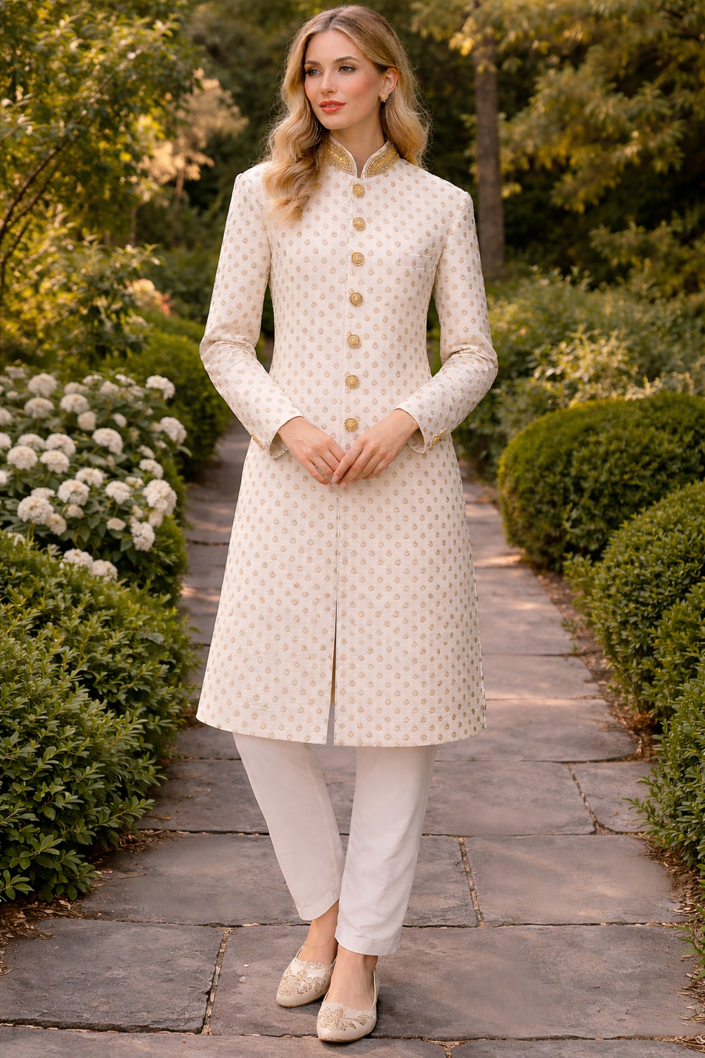 Women's Ivory Sherwani Suit | Indo-Western Jodhpuri Jacket with Pants
