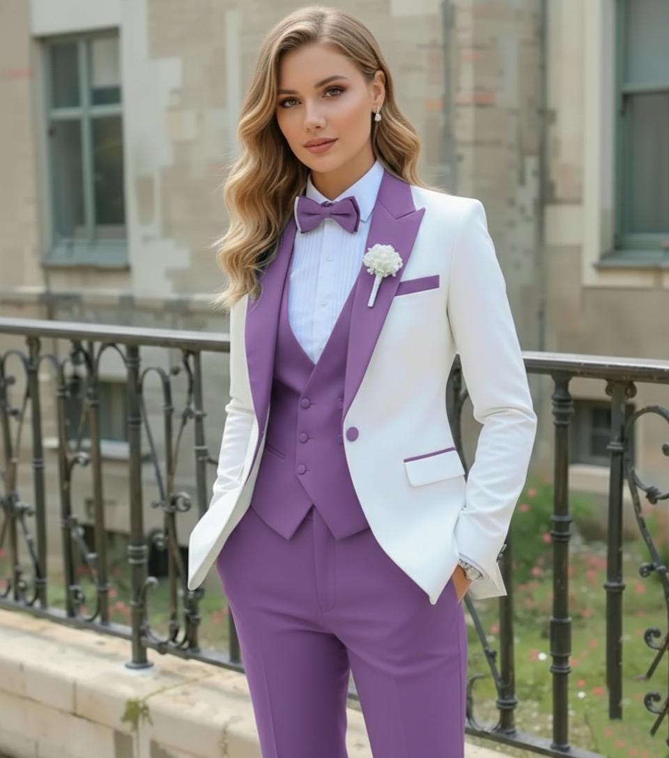 Custom Made Women's Pant Suit | White & Lavender Purple 5-Piece Set