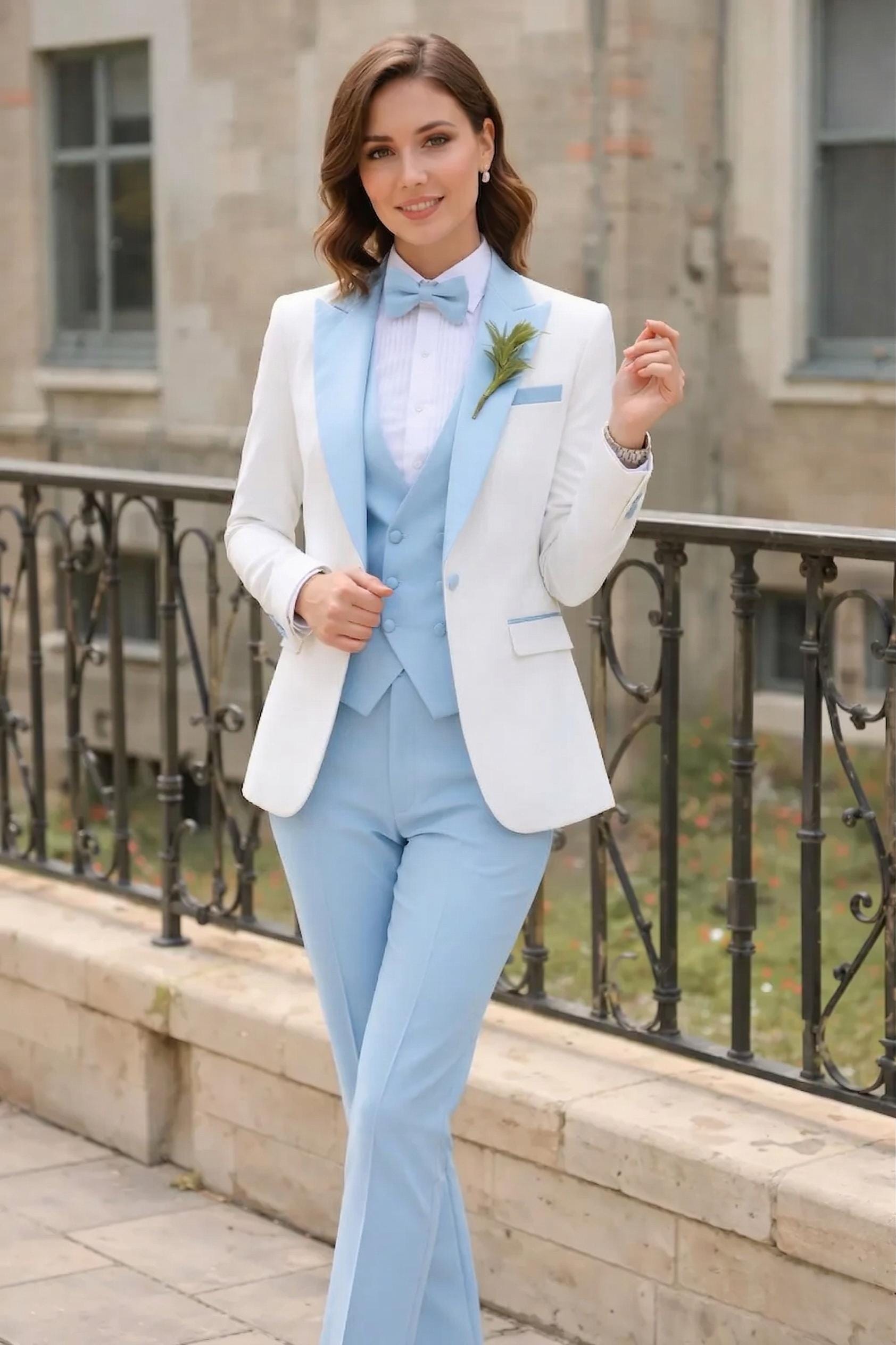 Custom Made Women's Pant Suit | White & Light Blue 5-Piece Set