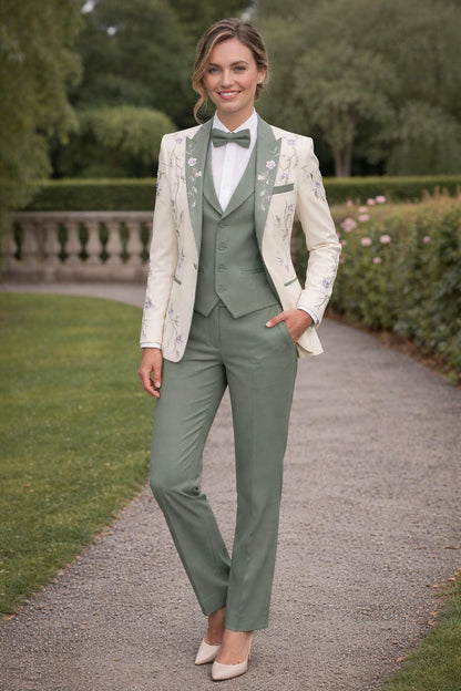 Custom Made Women's Pant Suit | White & Sage Green Hand Embroidered 5-Piece Set