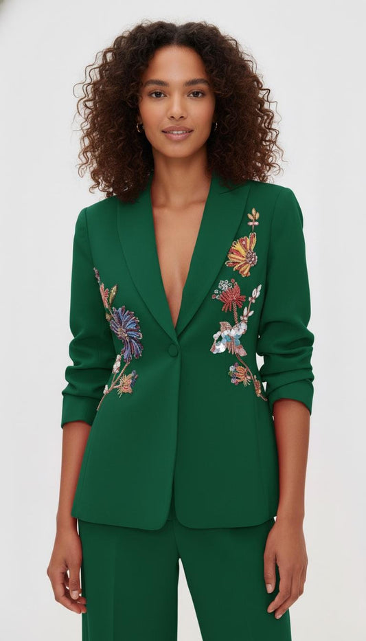 Elegant Green Pant Suit with Colorful Embroidered Floral Beading I Blazer & Trousers Suit Set