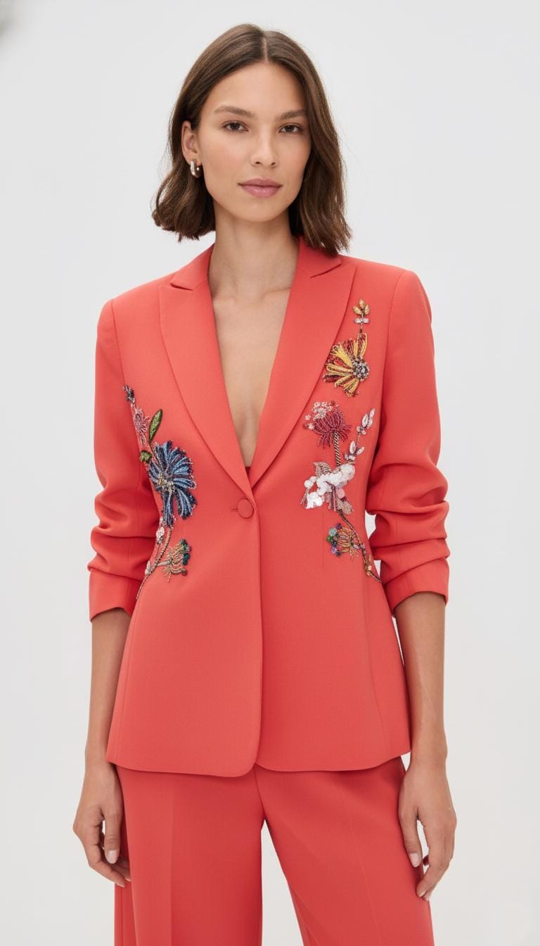 Elegant Orange Pant Suit with Colorful Embroidered Floral Beading I Blazer & Trousers Suit Set