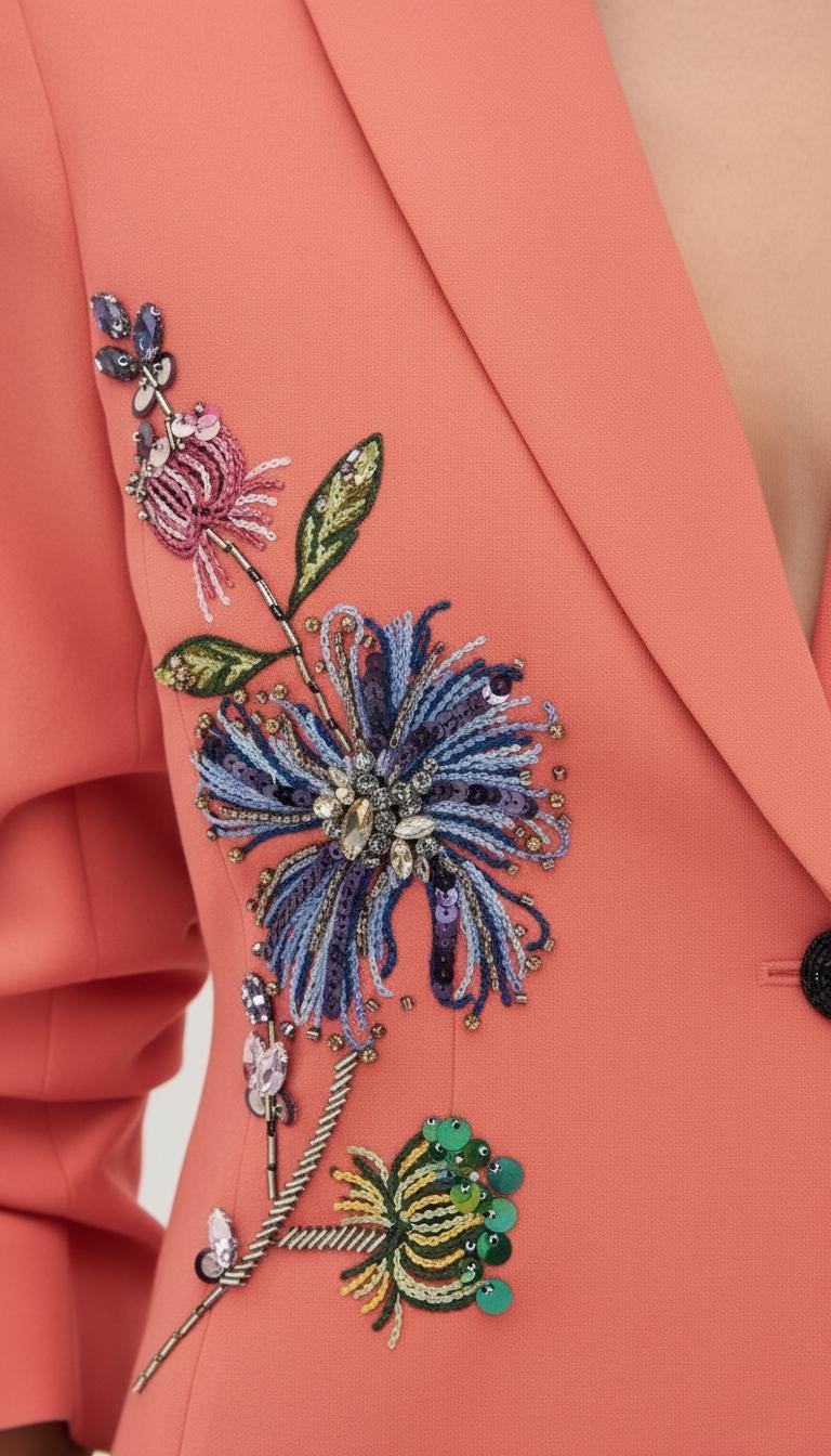 Elegant Orange Pant Suit with Colorful Embroidered Floral Beading I Blazer & Trousers Suit Set