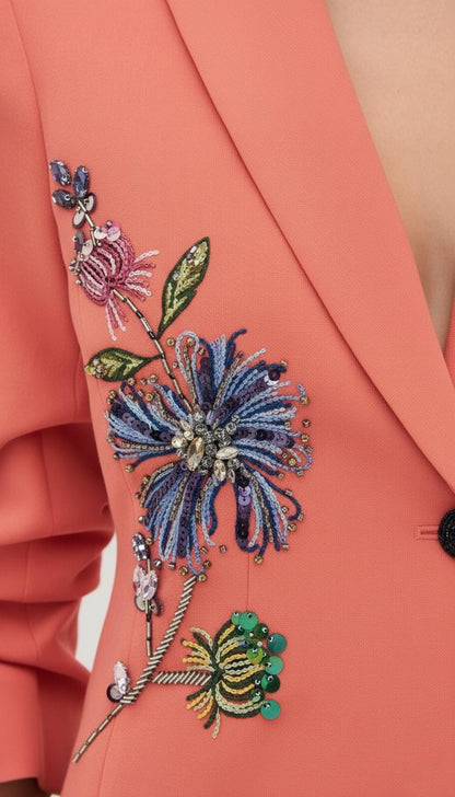 Elegant Orange Pant Suit with Colorful Embroidered Floral Beading I Blazer & Trousers Suit Set