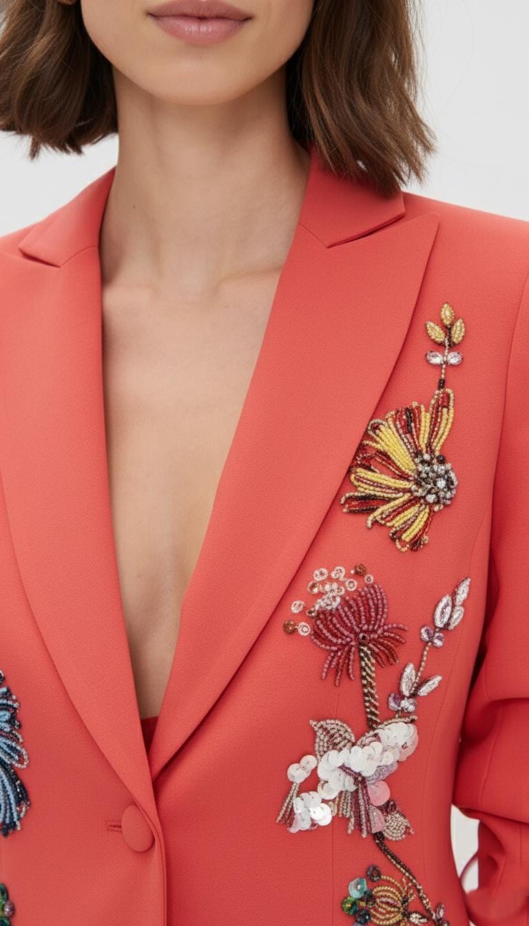 Elegant Orange Pant Suit with Colorful Embroidered Floral Beading I Blazer & Trousers Suit Set