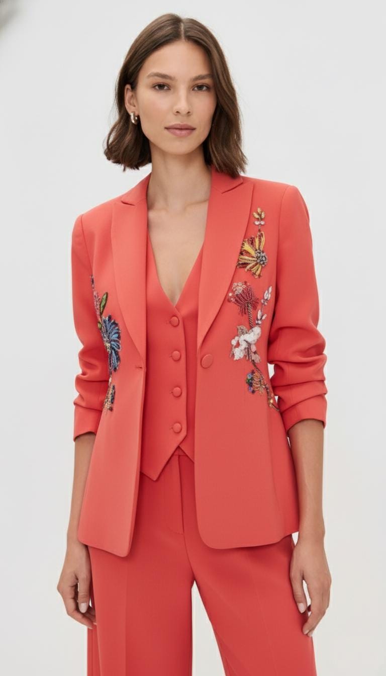Elegant Orange Pant Suit with Colorful Embroidered Floral Beading I Blazer & Trousers Suit Set