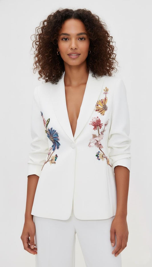 Elegant White Pant Suit with Colorful Embroidered Floral Beading I Blazer & Trousers Suit Set