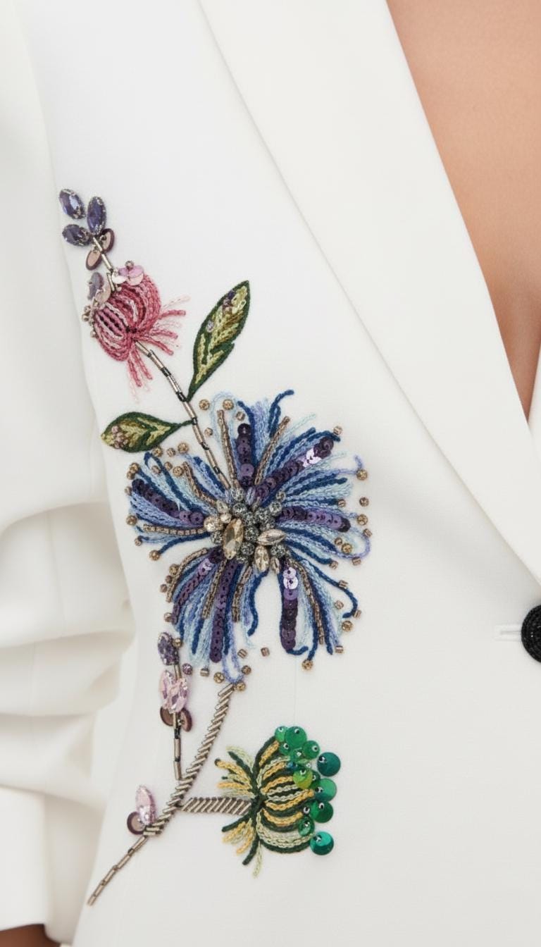 Elegant White Pant Suit with Colorful Embroidered Floral Beading I Blazer & Trousers Suit Set