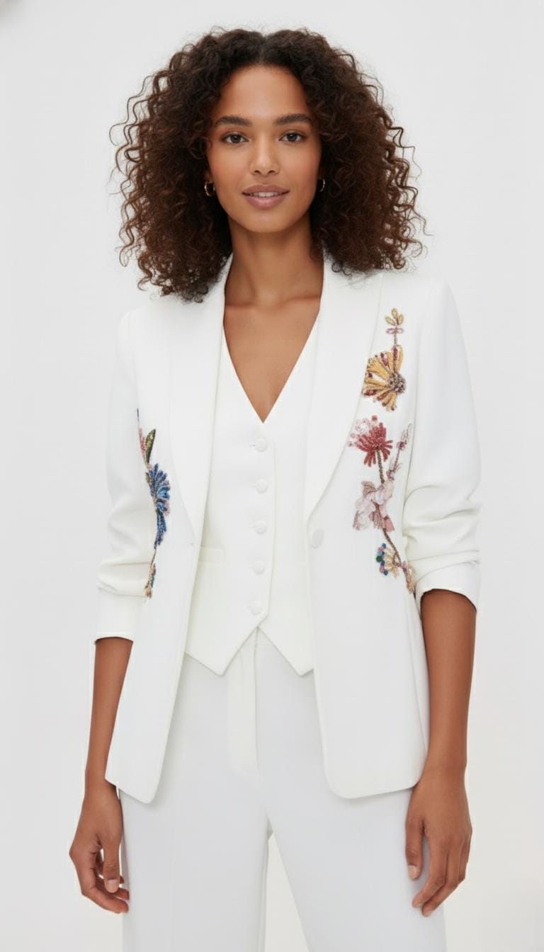 Elegant White Pant Suit with Colorful Embroidered Floral Beading I Blazer & Trousers Suit Set