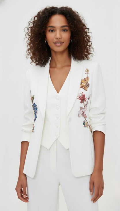 Elegant White Pant Suit with Colorful Embroidered Floral Beading I Blazer & Trousers Suit Set