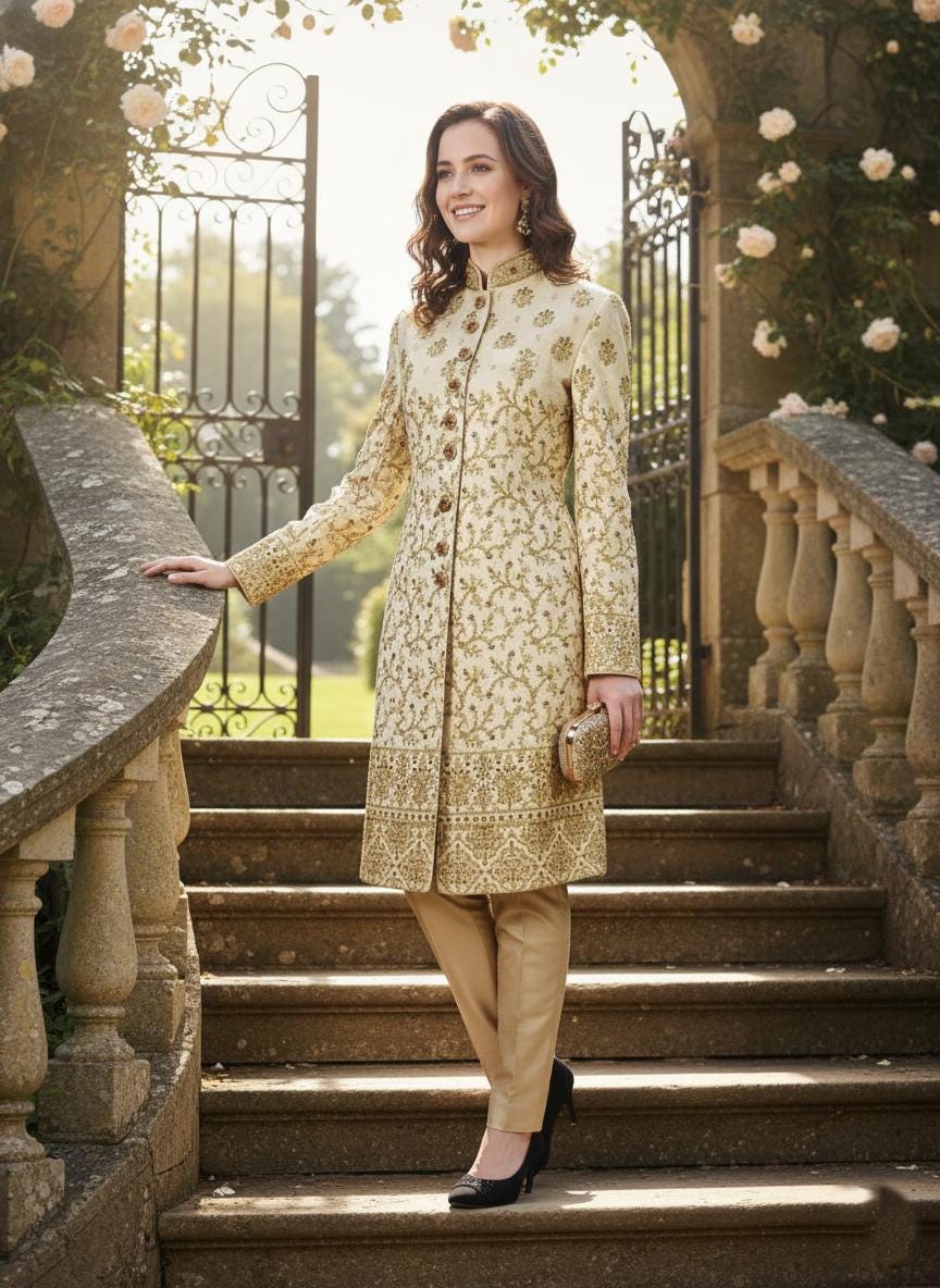 Elegant Women's Beige Sherwani Suit | Indo-Western Designer Jodhpuri Jacket with Pants | Traditional Wedding Guest Dress