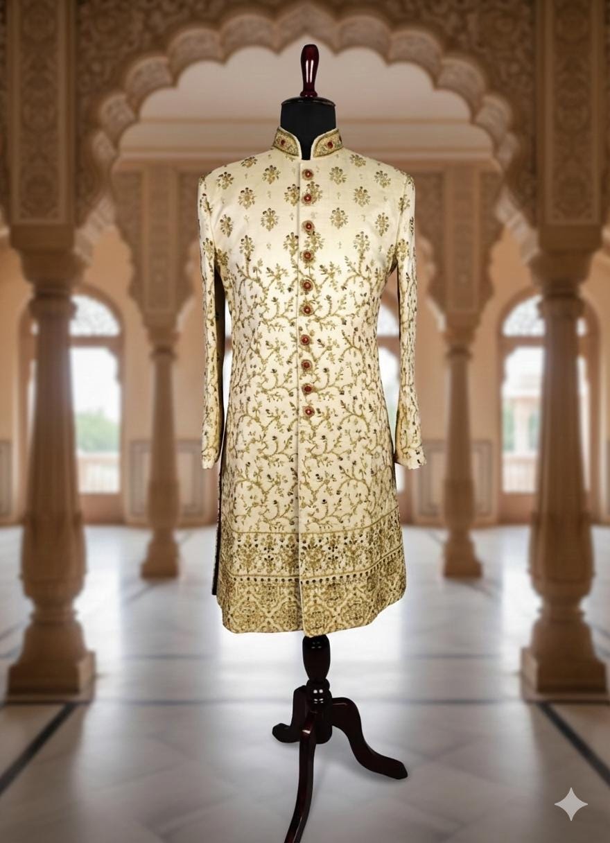 Elegant Women's Beige Sherwani Suit | Indo-Western Designer Jodhpuri Jacket with Pants | Traditional Wedding Guest Dress