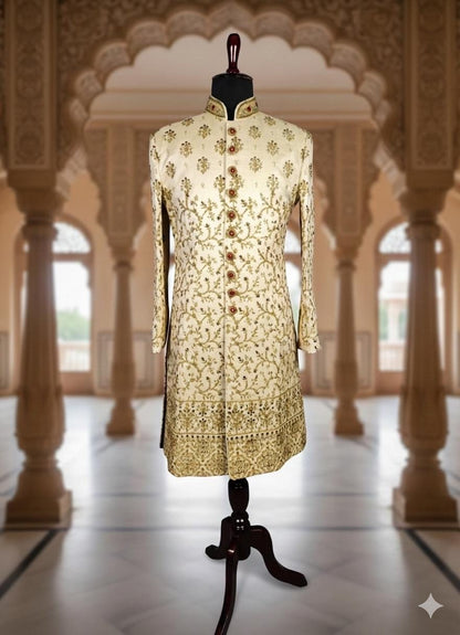 Elegant Women's Beige Sherwani Suit | Indo-Western Designer Jodhpuri Jacket with Pants | Traditional Wedding Guest Dress