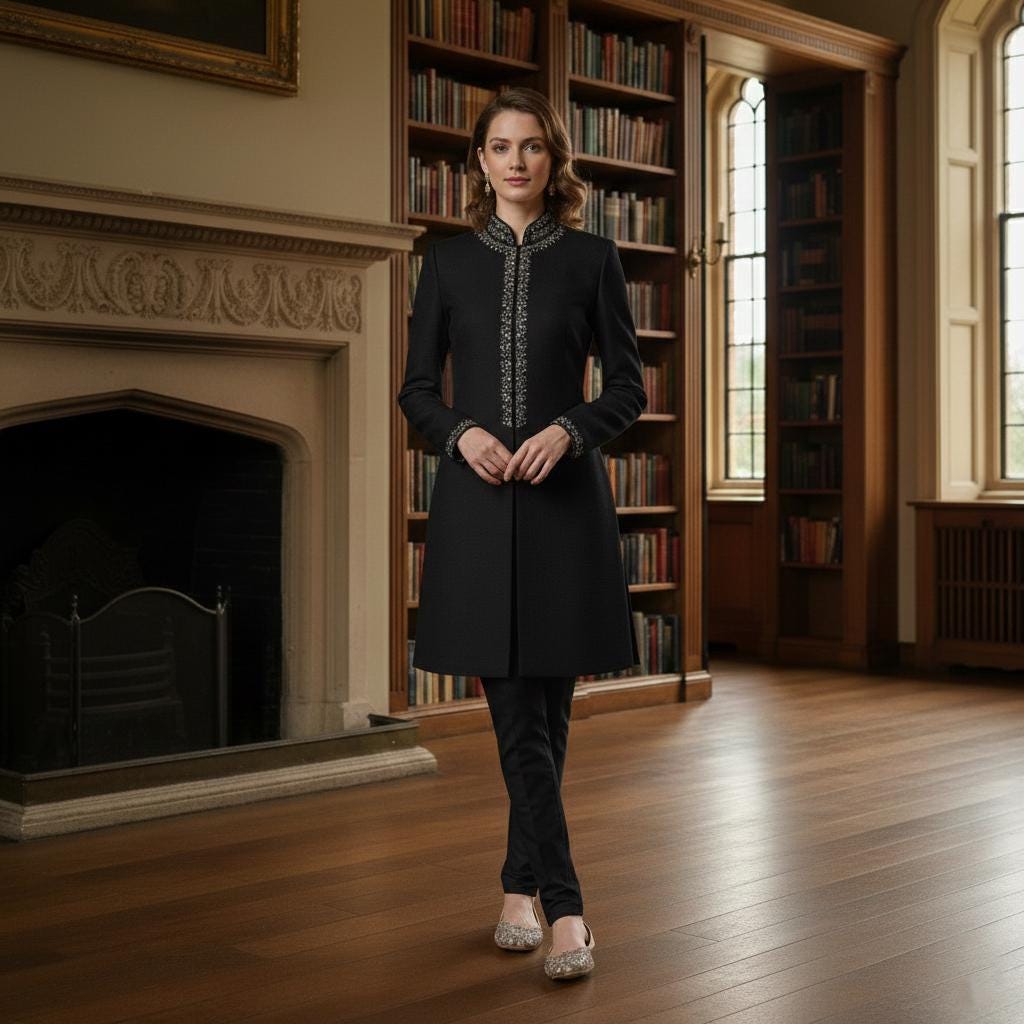 Elegant Women's Black Sherwani Suit | Black Silk Blend Jodhpuri Jacket