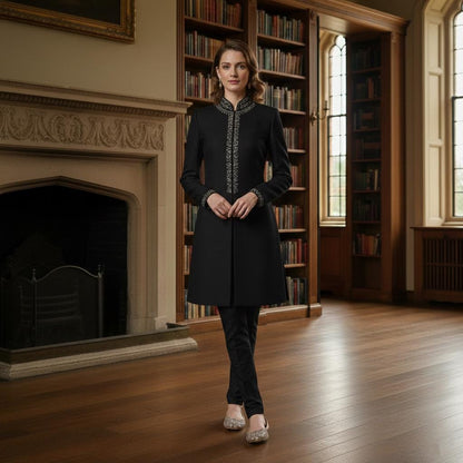 Elegant Women's Black Sherwani Suit | Black Silk Blend Jodhpuri Jacket