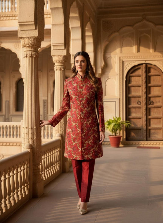 Elegant Women's Sherwani Suit | Indo-Western Designer Jodhpuri Jacket with Pants | Traditional Wedding Guest Dress