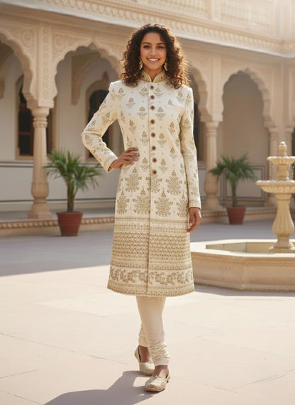 Elegant Women's White Sherwani Suit | Indo-Western Designer Jodhpuri Jacket with Pants | Traditional Wedding Guest Dress