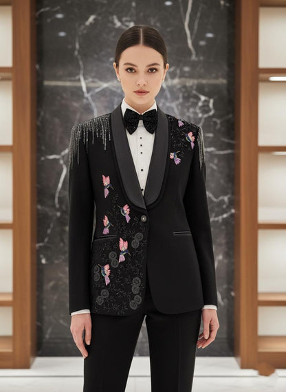 Embroidered Hummingbird Tuxedo Suit - Beaded Fringe, Made to Measure