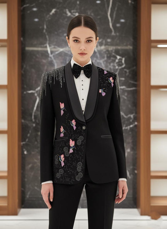 Embroidered Hummingbird Tuxedo Suit - Beaded Fringe, Made to Measure