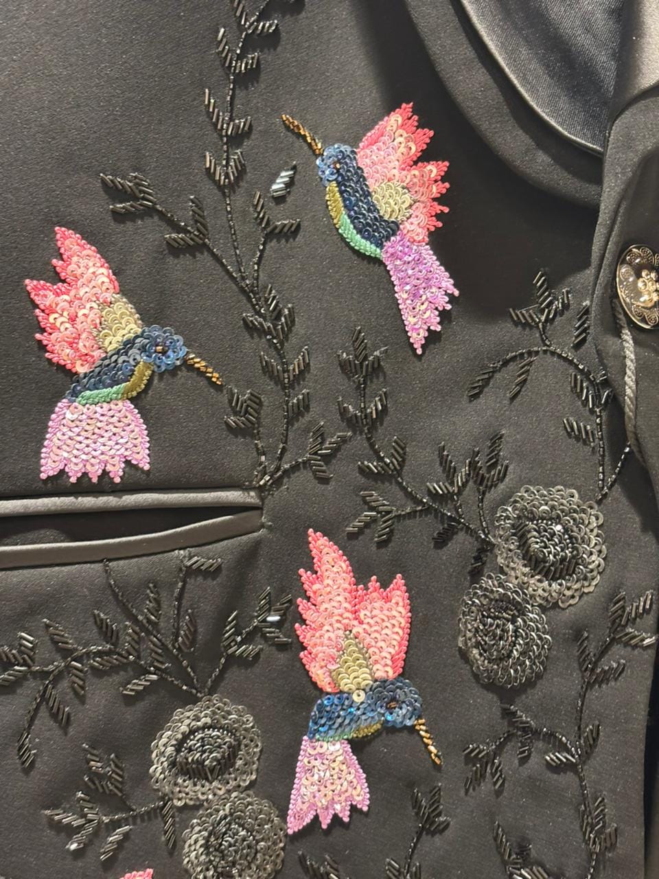 Embroidered Hummingbird Tuxedo Suit - Beaded Fringe, Made to Measure