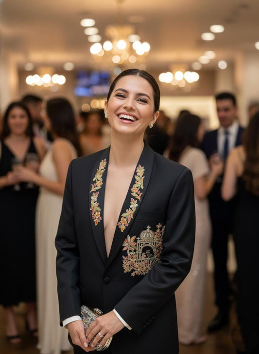 Embroidered Peacock Black Pantsuit | Women's Bridal Suit, Formal Attire