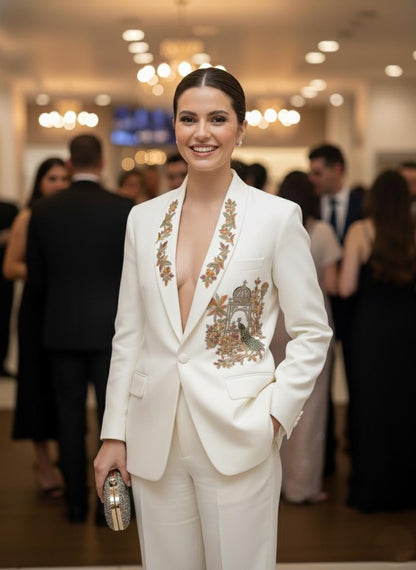 Embroidered Peacock White Pantsuit | Bridal, Special Occasion