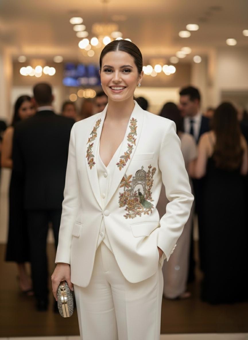 Embroidered Peacock White Pantsuit | Bridal, Special Occasion