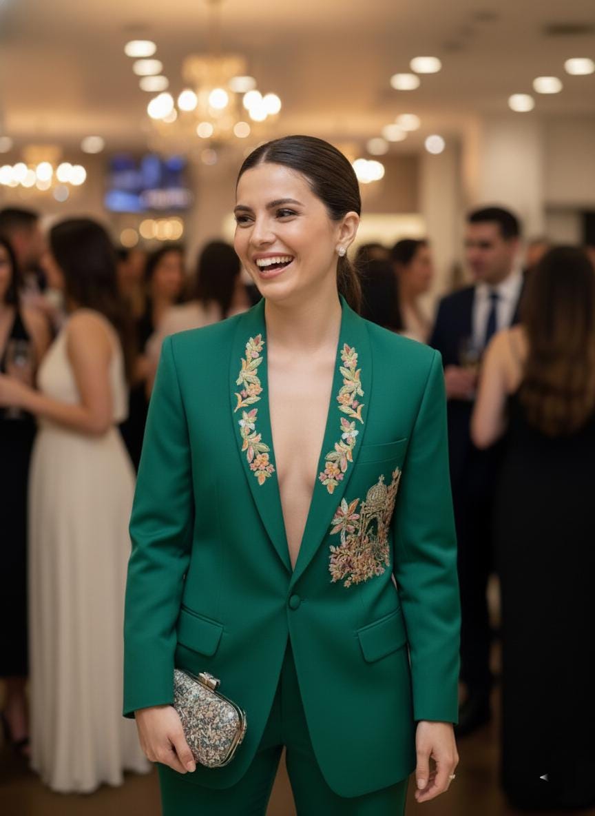 Emerald Green Pantsuit: Hand-Embroidered Peacock Formal Blazer Set