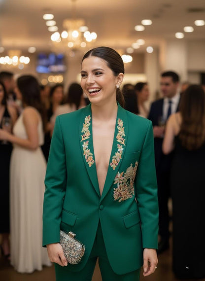 Emerald Green Pantsuit: Hand-Embroidered Peacock Formal Blazer Set