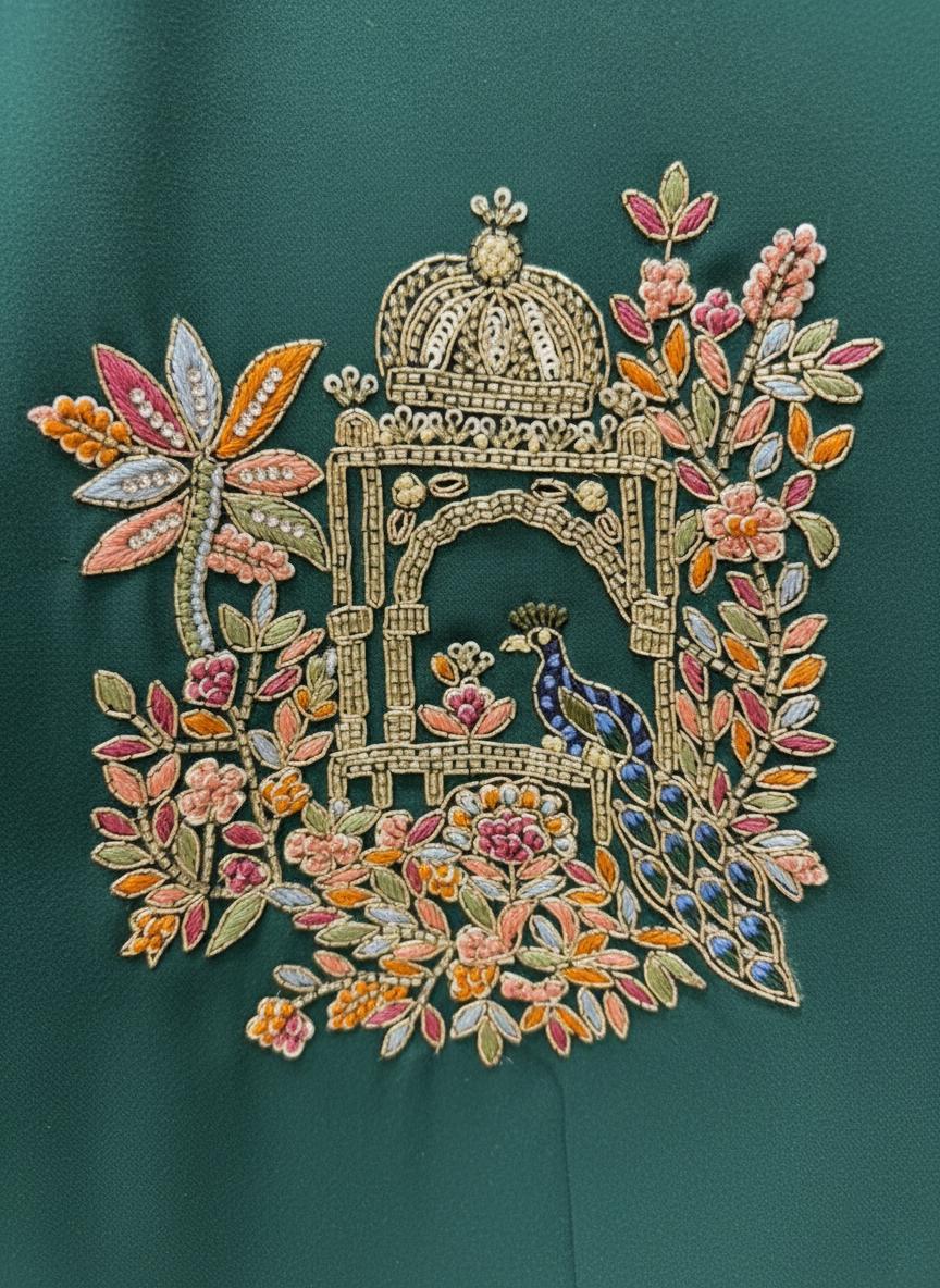 Emerald Green Pantsuit: Hand-Embroidered Peacock Formal Blazer Set