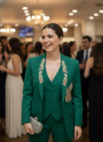 Emerald Green Pantsuit: Hand-Embroidered Peacock Formal Blazer Set