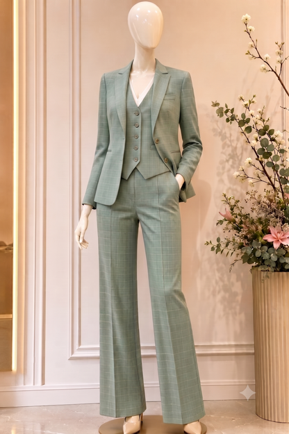 Sage Green Plaid 3-Piece Women's Suit | Custom Tailored Pantsuit Blazer Vest Set