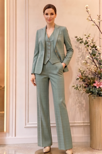 Sage Green Plaid 3-Piece Women's Suit | Custom Tailored Pantsuit Blazer Vest Set