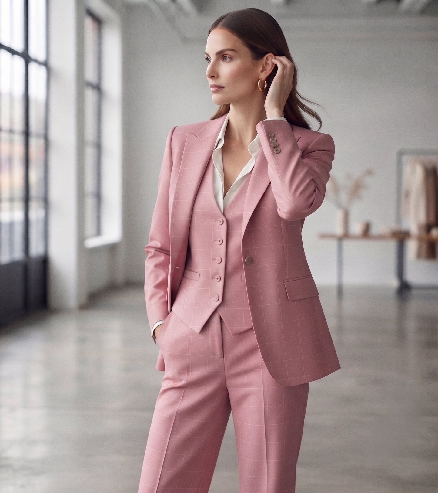 Blush Pink Plaid 3-Piece Women's Suit | Custom Tailored Pantsuit, Wedding Guest Outfit