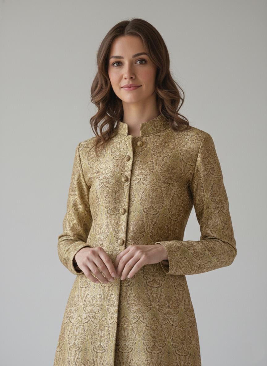 Gold Brocade Sherwani Suit | Women's Indo-Western Achkan, Made to Measure