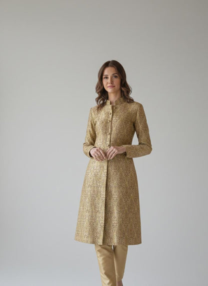 Gold Brocade Sherwani Suit | Women's Indo-Western Achkan, Made to Measure