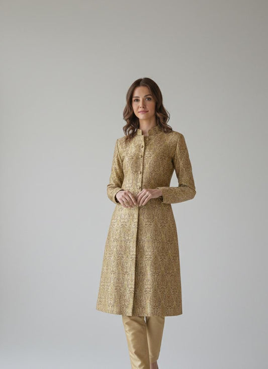 Gold Brocade Sherwani Suit | Women's Indo-Western Achkan, Made to Measure
