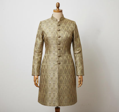 Gold Brocade Sherwani Suit | Women's Indo-Western Achkan, Made to Measure
