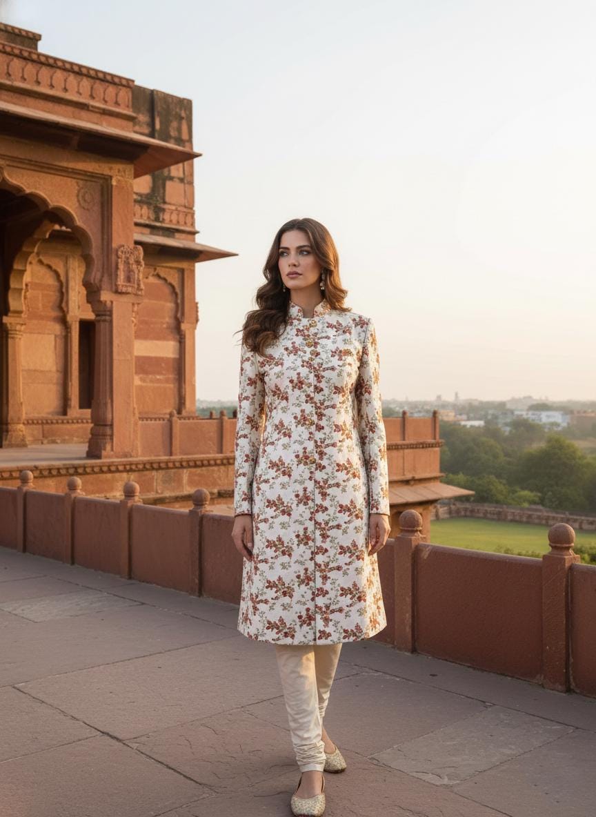 Ivory Floral Women’s White  Sherwani Suit| Spring Wedding Guest Outfit | Elegant Indian Formal Wear
