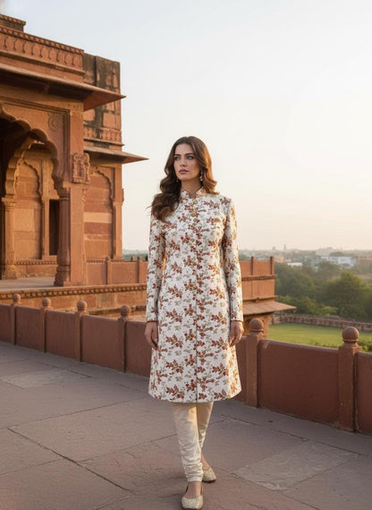 Ivory Floral Women’s White  Sherwani Suit| Spring Wedding Guest Outfit | Elegant Indian Formal Wear