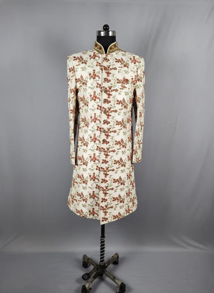 Ivory Floral Women’s White  Sherwani Suit| Spring Wedding Guest Outfit | Elegant Indian Formal Wear