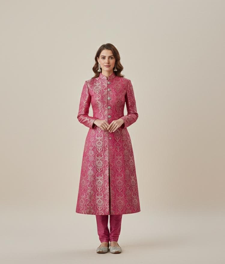 Magenta Pink Silk Brocade Women’s Sherwani Suit | Indian Wedding Guest Outfit | Festive Mehendi Dress