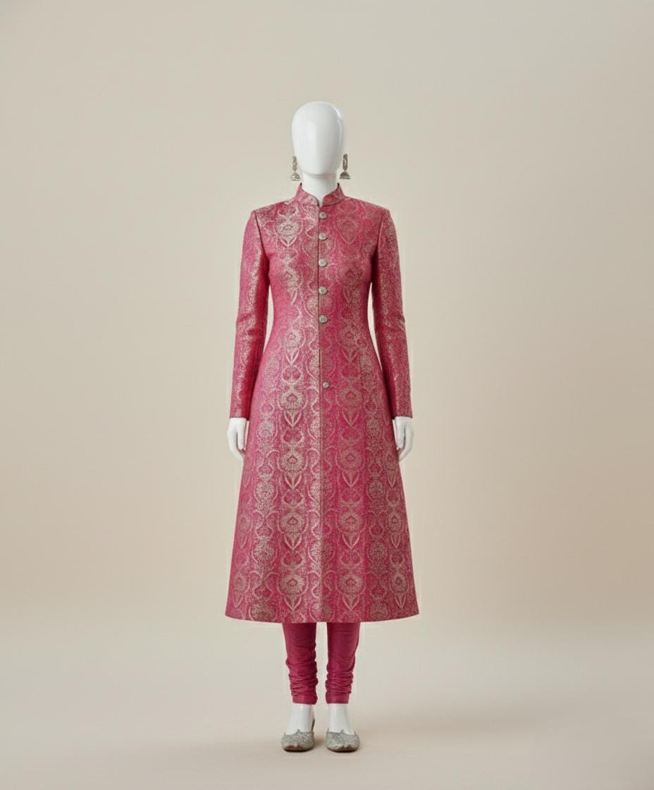 Magenta Pink Silk Brocade Women’s Sherwani Suit | Indian Wedding Guest Outfit | Festive Mehendi Dress