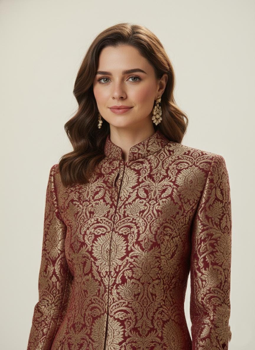 Maroon & Gold Banarasi Brocade Sherwani Suit | Women's Indian Wedding Outfit