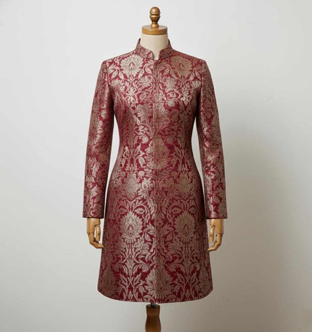 Maroon & Gold Banarasi Brocade Sherwani Suit | Women's Indian Wedding Outfit