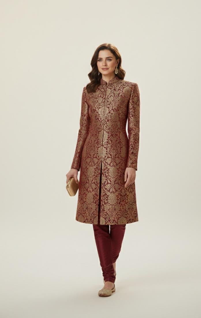 Maroon & Gold Banarasi Brocade Sherwani Suit | Women's Indian Wedding Outfit