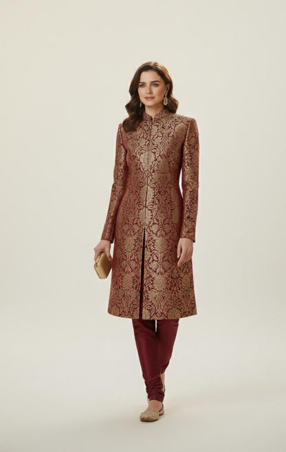 Maroon & Gold Banarasi Brocade Sherwani Suit | Women's Indian Wedding Outfit