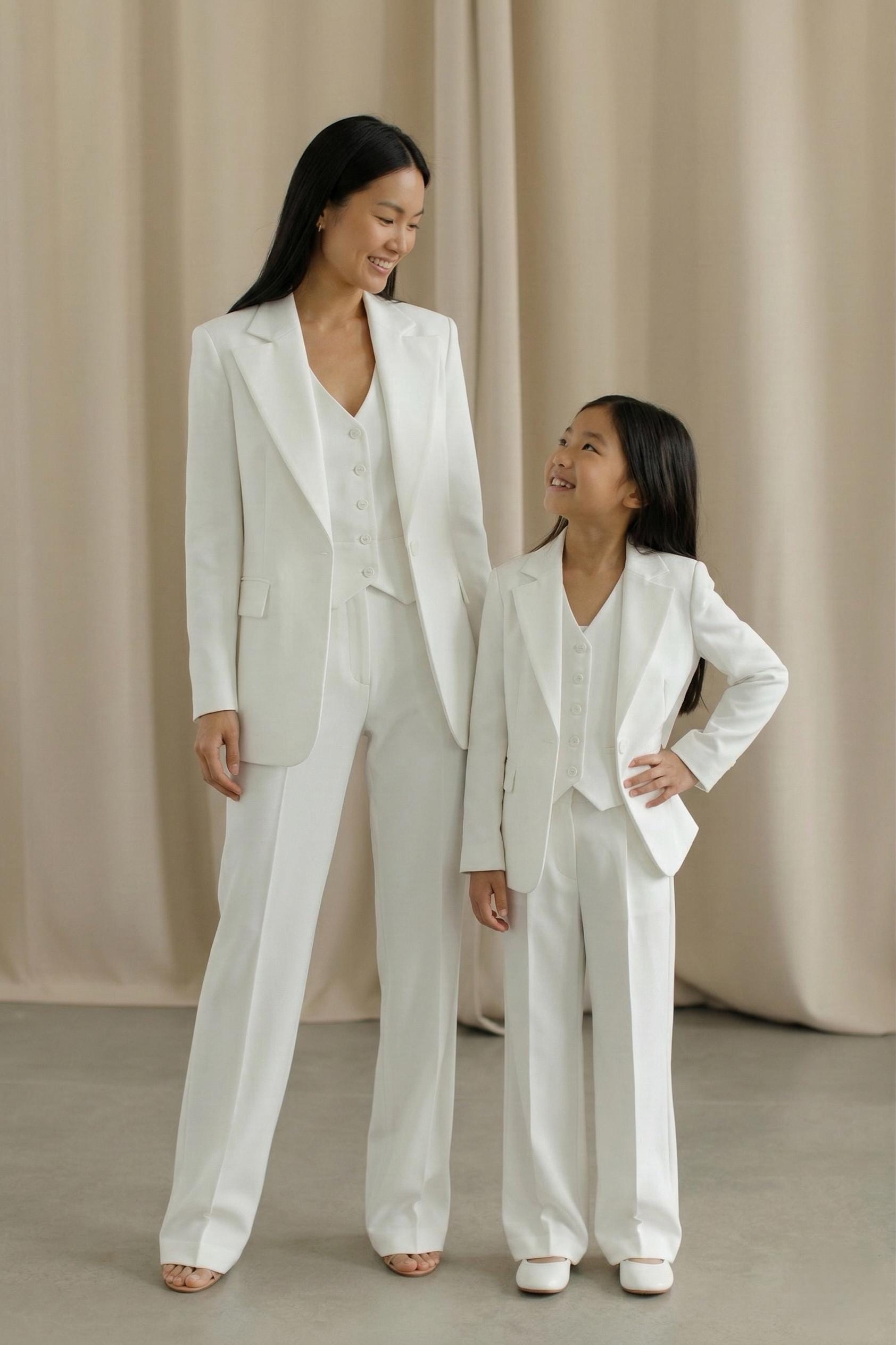 Mother Daughter Matching White 3-Piece Suit | Tailored Women's & Girls Formal Set