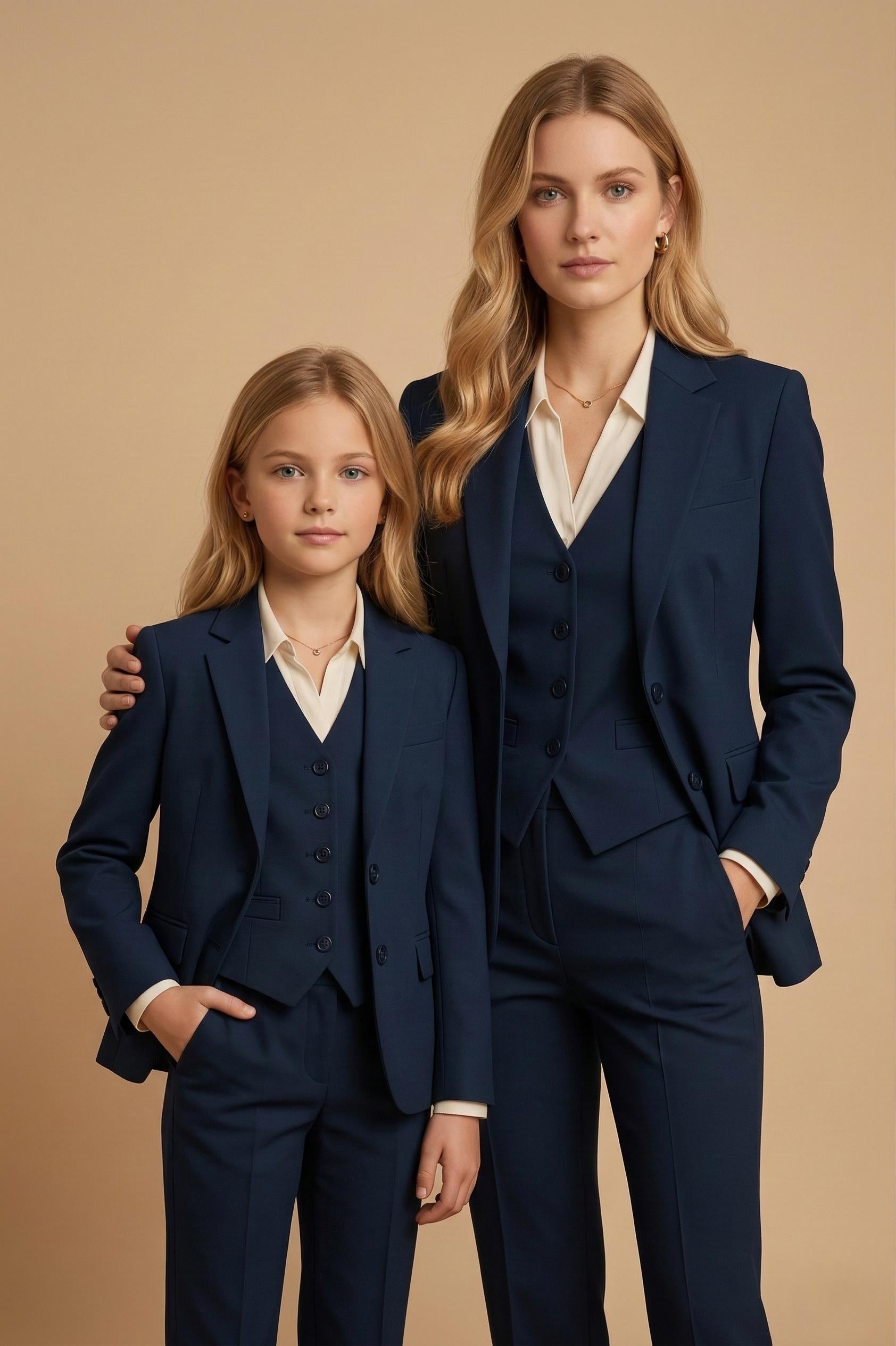 Mother Daughter Navy Blue 3-Piece Suit | Tailored Women's & Girls Matching Set